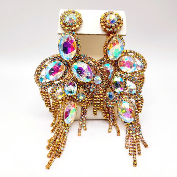 Runway Aurora Borealis Rhinestone Earrings Gold Tone Long Clip On Statement - Picture 3 of 9